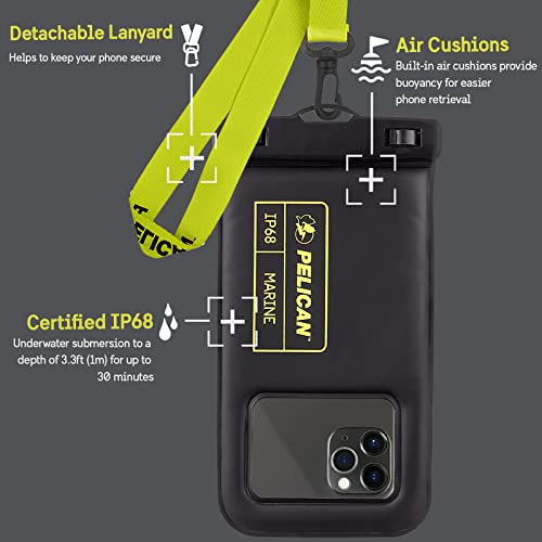 2 Pack Marine Series - IP68 Water-Proof Floating Protection Phone Pouch (Regular Size) - for iPhone 13 12 11 Pro Max Mini - Detachable Lanyard - Universal Compatibility, Black/Hi-Vis Yellow