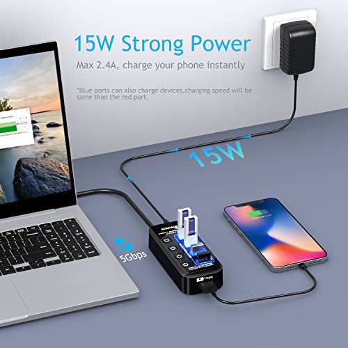 Apanage Powered USB 3.0 Hub, 5 Port USB 3.0 Hub Splitter with 4 USB 3.0 Data Ports and 1 Smart Charging Port with Individual On/Off and 5V/3A Power Adapter USB Extension for MacBook, Mac Pro