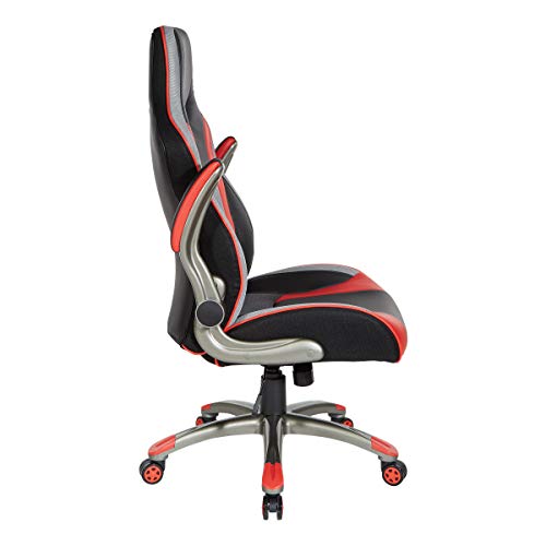 OSP Home Furnishings Uplink Ergonomic Adjustable High Back Faux Leather Gaming Chair with Thick Coil Spring Seat and Padded Flip Arms, Red Trim