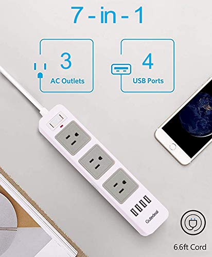 2 Prong Power Strip with USB, 2 Prong to 3 Prong Outlet Adapter with 4 USB Ports 6.6ft Extension Cord, 3 AC Outlets Flat Plug Surge Protector for Smartphone Tablets Home, Office and Hotel, White