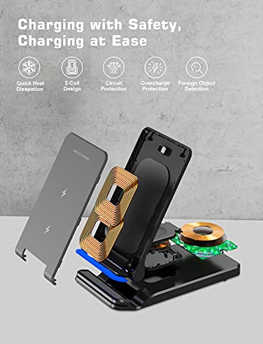 Foldable Wireless Charger Station, 3 in 1 15W Fast Wireless Charging Stand for iPhone 13/12/11/Pro/Max/Mini/SE/X/XS/XR/8/Plus,Apple Watch,Airpods 3/2/Pro,Samsung Galaxy Phone with 18W Adapter(Black)