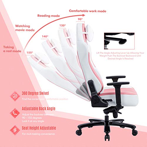 FANTASYLAB Big and Tall 400lb Massage Memory Foam Gaming Chair Adjustable Tilt, Back Angle and 3D Arms High-Back Leather Racing Executive Computer Desk Office Chair, Metal Base (Pink)