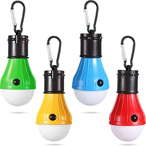 LED Camping Tent Lantern, Portable Outdoor Waterproof Emergency Light Bulb, Battery Powered with Clip Hook, Super Bright, for Hiking, Party，Camping, Fishing, Power Failure (4 Packs, Multi-Color)