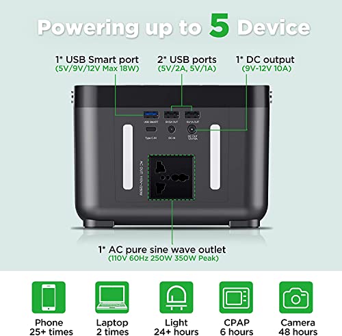 DBPOWER Portable Power Station, Peak 350W Backup Lithium Battery 250Wh 110V Pure Sine Wave AC Outlet Solar Generator Supply(Solar Panel Not Included) for Emergency Outdoor Camping Fishing Hunting CPAP