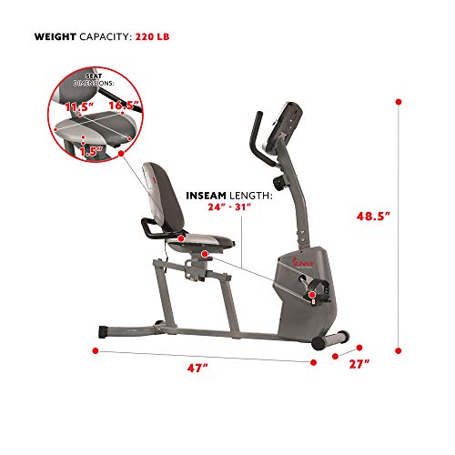 Sunny Health & Fitness Magnetic Recumbent Exercise Bike with Easy Adjustable Seat, Device Holder, RPM and Pulse Rate Monitoring | SF-RB4806