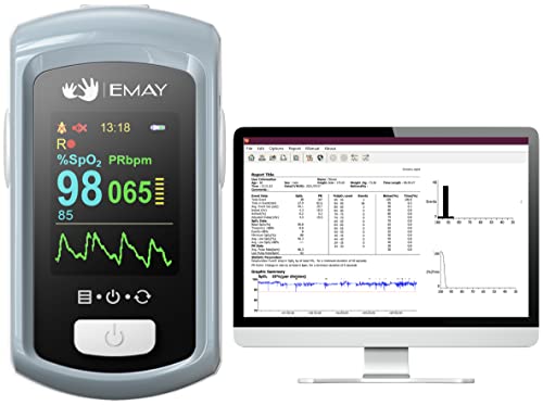 EMAY Sleep Oxygen Monitor with PC Software & App | Bluetooth Pulse Oximeter Rechargeable for Overnight & Continuous SpO2 Tracking with 72 Hours Built-in Memory | Gives Informative Report & Analysis