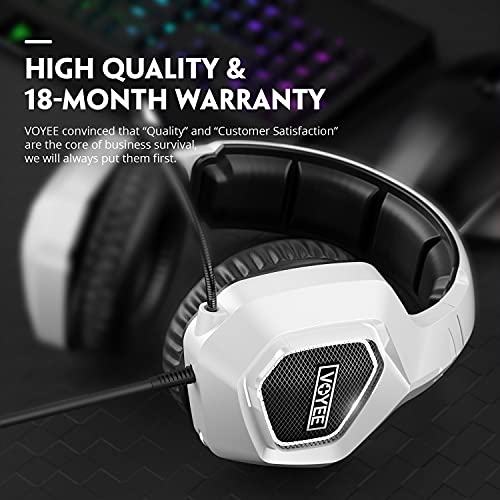 Gaming Headset for Xbox One PC PS5 PS4, VOYEE Noise Isolation Stereo Over Ear Game Headphones with Microphone/LED Light/Bass Surround/Soft Memory Earmuffs (White)