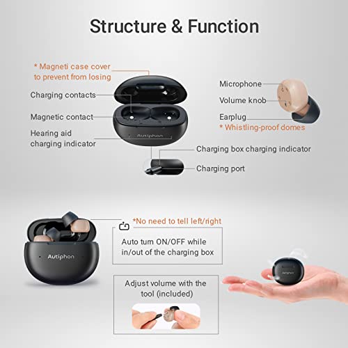 Autiphon Advanced Digital Rechargeable Hearing Aids for Seniors Adults with Noise Cancelling, Mini CIC Hearing Devices with Charging Case for Back-up Power, Beige, Pair, Digit03