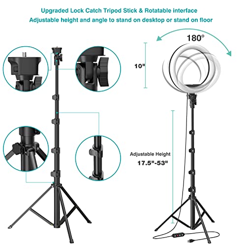 10" Selfie Ring Light with 53" Adjustable Tripod Stand & Phone Holder for Live Stream/Makeup, Upgraded Dimmable LED Ringlight for Tiktok/YouTube/Zoom Meeting/Photography,Compatible with iPhone/Android