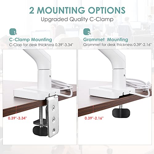 Single Monitor Arm Mount, Aluminum Single Computer Monitor Desk Mount with USB, LOTEYIKE Adjustable VESA Monitor Stand for 13 to 32 inch Screens, 2.2 to 19.8lbs-White/C-Clamp/Grommet/Cable Management