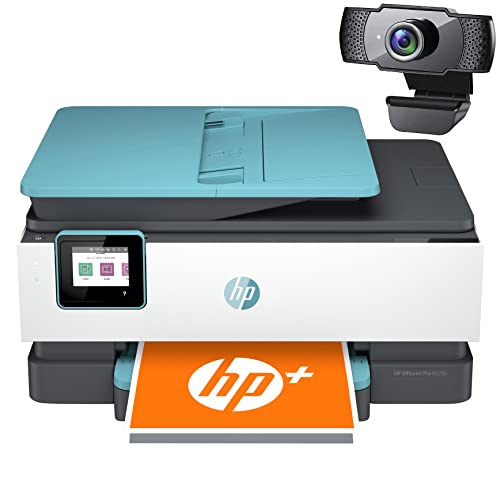 HP OfficeJet Pro 8028e All-in-One Wireless Color Inkjet Printer Home Office, Blue - Print Scan Copy Fax - 20 ppm, 4800 x 1200 dpi, 35-Sheet ADF, Auto 2-Sided Printing, Ethernet, Cbmou External Webcam