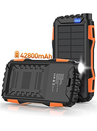 Solar Power Bank,Solar Charger,42800mAh Power Bank,Portable Charger,External Battery Pack 5V3.1A Qc 3.0 Fast Charging Built-in Super Bright Flashlight(Orange) Visit The Mregb Store