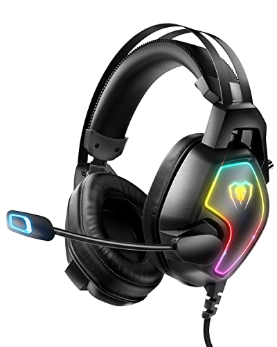 Gaming Headset for Xbox One Series X/S PS4 PS5 PC Switch, Noise Canceling Headphones with Microphone, 3.5mm Audio Jack, Auto-Adjust Headband, RGB Light, Lightweight Wired Gaming Headphones