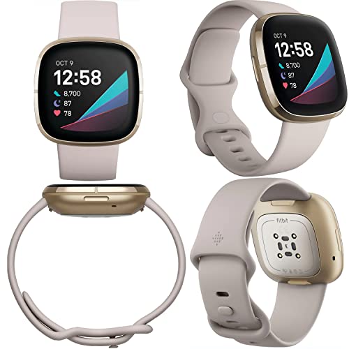 Fitbit Sense Advanced Smartwatch (Lunar White) with Small & large Bands, Bundle with 3.3foot Charge Cable, Wall Adapter, Screen Protectors & PremGear Cloth compatible with Fitbit