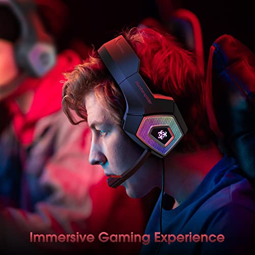 PS4 Gaming Headset, Hunterspider Gaming Headphones with Microphone, Noise Cancelling Stereo 7.1 Surround Sound Headset with Mic for Xbox PC, Unique 7 RGB Light.