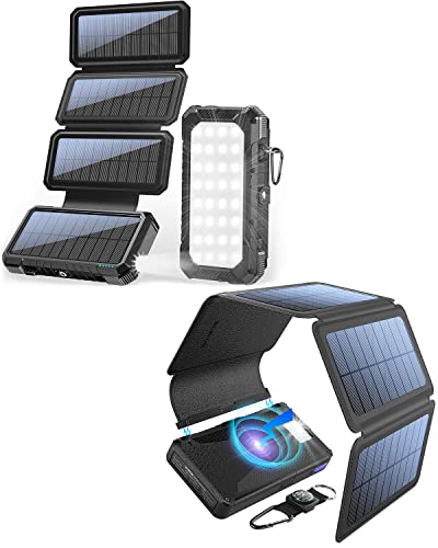 Two Packs of 20,000mAh Portable Solar Charger with Foldable Panels, High Capacity Solar Power Bank External Backup Battery Charger Portable (W12Pro-Black; W09-Black)