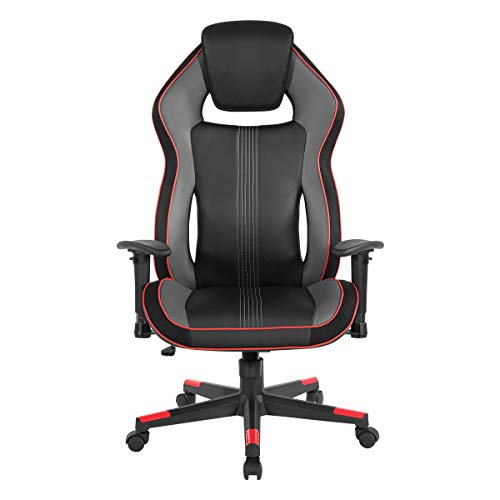 OSP Home Furnishings BOA II Ergonomic Adjustable High Back Gaming Chair with Thick Padded Coil Spring Seat, Built-in Lumbar Support and Headrest, Black with Red Accents