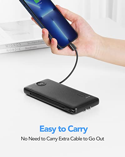 Portable Charger with Built-In Cables and AC Wall Plug,VRURC 10000mAh Phone Charger,5 Output & 2 Input LED Display External Battery Pack,Ultra Slim USB C Power Bank Compatible with Smart Devices-Black