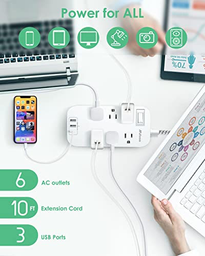 Power Strip - 10 FT Long Flat Plug Extension Cord, 6 Outlets 3 USB Ports Outlet Extender with Overload Protection, Wall Mount, Desktop Charging Station for Home, Office and Dorm Essential