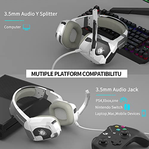 Gaming Headset for PS4, Xbox One, PC, Laptop, Mac, Nintendo Switch, PHOINIKAS 3.5MM PS4 Headset with Mic, Over Ear Headset, Noise-Cancelling Headset, Bass Surround, LED Light, Comfort Earmuff - Camo