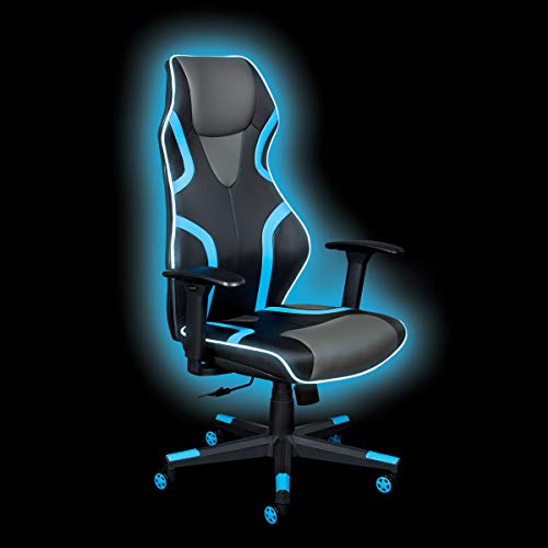 OSP Home Furnishings Rogue High-Back LED Lit Gaming Chair, Black Faux Leather With Blue Trim and Accents