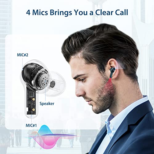 Wireless Earbuds with 4-Mic and Wireless Charging Case Waterproof 50H Playback Bluetoth Headphones LED Power Display Stereo Earphones, Touch Control in-Ear Headset with USB-C for Sports Work Black