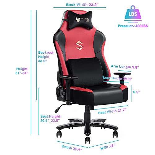 FANTASYLAB Big and Tall 400lb Massage Memory Foam Gaming Chair - Adjustable Tilt, Back Angle and 3D Arms High-Back Leather Racing Executive Computer Desk Office Chair, Metal Base (Red)