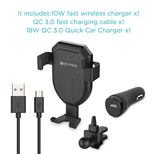 Keymox Wireless Charger, 10W Car Mount with Air Vent Phone Holder, 7.5W for iPhone 11, 11 Pro, 11 Pro Max, XS Max, XS, XR, X, 10W for Galaxy S10 S9 S8, Note 10 Note 9(Include Car Charger) (B08LL545PW)