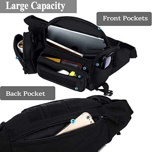 Tactical Fanny Packs, Military Waist Bag Utility Hip Belt Bags for Hiking Climbing Fishing Cycling Hunting with U.S Patch (Black)