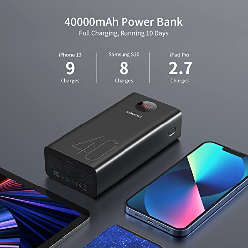 40000mAh Power Bank, ROMOSS 18W PD USB C Fast Charging Portable Charger, 3 Outputs and 2 Inputs External Battery Pack with LED Display for iPhone 12, iPad, MacBook Pro, Surface Pro 7, Samsung S21