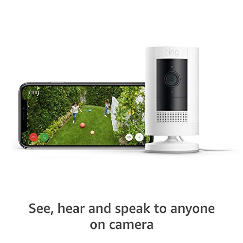 Ring Stick Up Cam Plug-In HD security camera with two-way talk, Works with Alexa - White