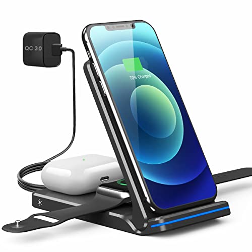 Foldable Wireless Charger Station, 3 in 1 15W Fast Wireless Charging Stand for iPhone 13/12/11/Pro/Max/Mini/SE/X/XS/XR/8/Plus,Apple Watch,Airpods 3/2/Pro,Samsung Galaxy Phone with 18W Adapter(Black)