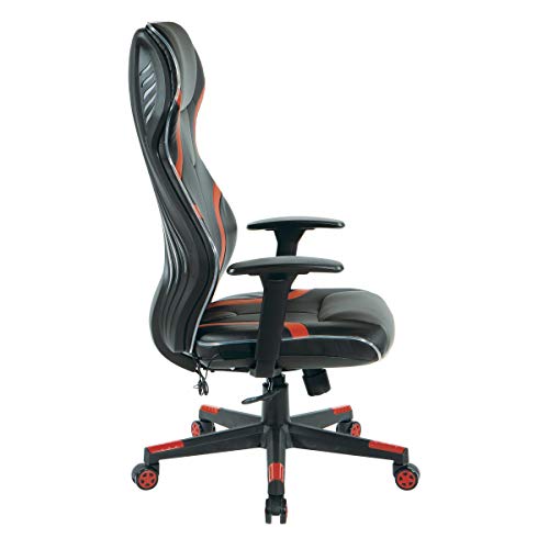 OSP Home Furnishings Rogue High-Back LED Lit Gaming Chair, Black Faux Leather with Red Trim and Accents