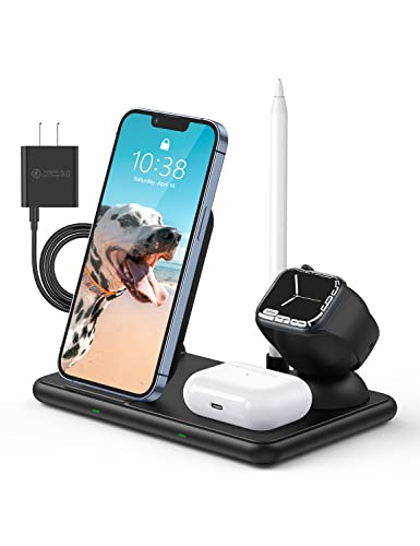 Wireless Charger, Wireless Charging Station, 4-in-1 Foldable Charger Stand, 15W Fast Charging Dock, Qi-Certified for iPhone 13/12/11 Pro Max, Samsung & Android Phones, Apple Watch, AirPods and Pencil