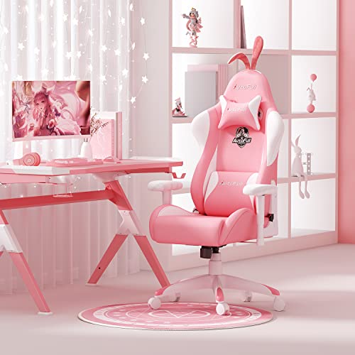 AutoFull Pink Bunny Gaming Chair Cute Kawaii Gamer Chair for Girl Ergonomic Computer Gaming Chair with Lumbar Support PU Leather High Back Racing Gaming Chairs