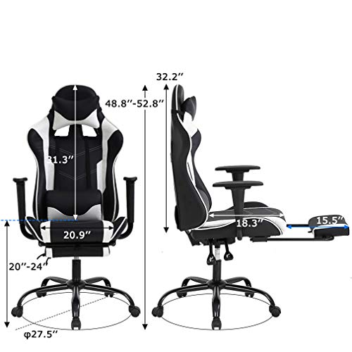 PC Gaming Chair Racing Office Chair Ergonomic Desk Chair Massage PU Leather Recliner Computer Chair with Lumbar Support Headrest Armrest Footrest Rolling Swivel Task Chair for Adults, White