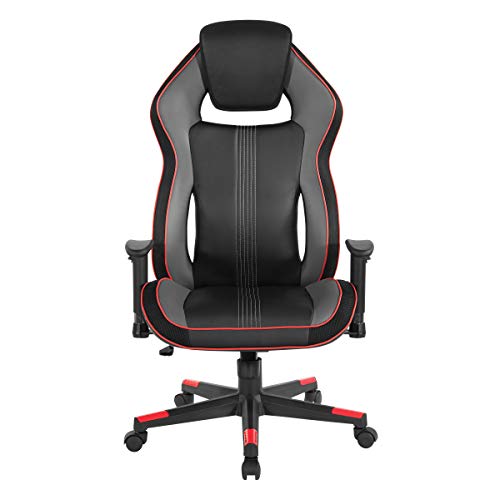 OSP Home Furnishings BOA II Ergonomic Adjustable High Back Gaming Chair with Thick Padded Coil Spring Seat, Built-in Lumbar Support and Headrest, Black with Red Accents