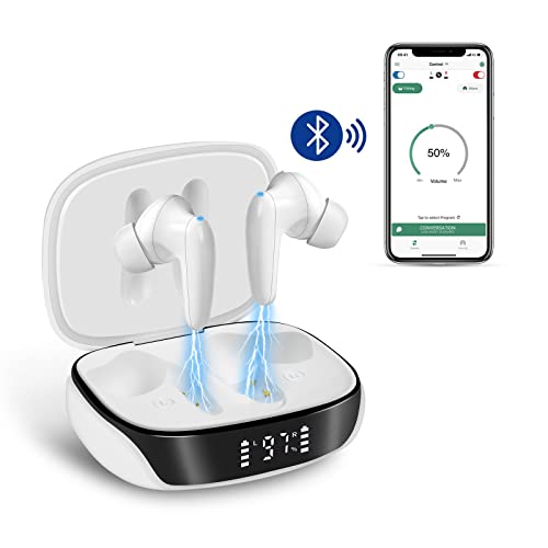 Earup Rechargeable Bluetooth Hearing Aids with APP Control for Seniors Adults, Personal Digital Hearing Amplifier Sound Device with Earbuds Voice Enhancer Noise Cancelling Gifts for Father and Mother 1 Pair (White)