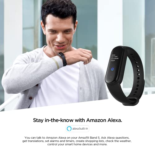 Amazfit Band 5 Activity Fitness Tracker with Alexa Built-in, 15-Day Battery Life, Blood Oxygen, Heart Rate, Sleep & Stress Monitoring, 5 ATM Water Resistant, Fitness Watch for Men Women Kids, Black