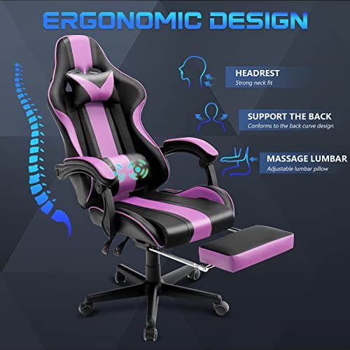 Ferghana Pink and Purple Gaming Chairs with Footrest,Computer Game Chair,Massage Gaming Chairs,Christmas,Xmas Gift,PC Gaming Chairs for Adults Teens for Gaming Live Streaming Room