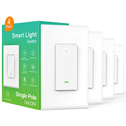 Smart Wi-Fi Light Switch Works with Alexa and Google Assistant 2.4Ghz, Single-Pole,Neutral Wire Required,UL Certified,Remote/Voice Control and Schedule, No Hub Required (4 Pack), White