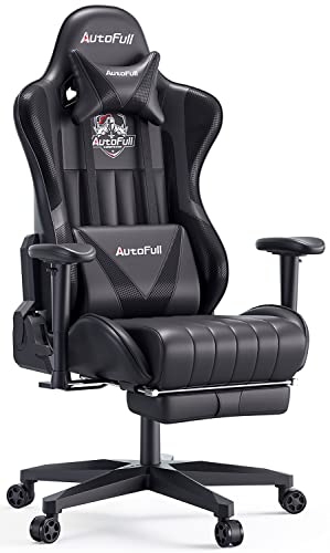 AutoFull Gaming Chair 5.1in Seat Cushion Ergonomic Gamer Chair with Lumbar Support Racing Style High Back PU Leather Computer Gaming Chair with Retractable Footrest,Black