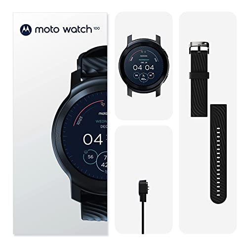 Motorola Moto Watch 100 Smartwatch - 42mm Smartwatch with GPS for Men & Women, Up to 14 Day Battery, 24/7 Heart Rate, SpO2, 5ATM Water Resistant, AOD, Android & iOS Compatible - Phantom Black