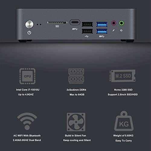 Mini PC Intel core i7 10510U Windows 11, Mini Gaming Desktop Computer, 16GB DDR4 (Max 64GB), 512G NVME SSD, Support 2.5inch HDD/SSD, WiFi 6 /BT 5.1,Dual Gigabit Ethernet,Support Auto Power on