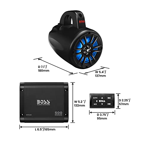 Boss Audio Systems UNI4RGB ATV UTV Marine Audio Stereo System Package – BPS4B 4 Channel Full Range Bluetooth Amplifier, 4 MRWT40 4 Inch Waketower Speakers, IPX5 Rated Weatherproof, Tweeters