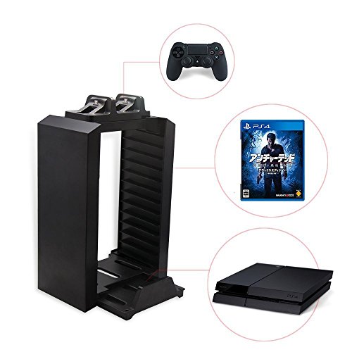 Amever-PS4 Storage Tower Holder Stand & Dual Charger Dock for Sony Dualshock 4 Controller/Gamepad Joystick - Playstation 4 Console Controllers Charging Station - Stores 12 Games - Playstation 4