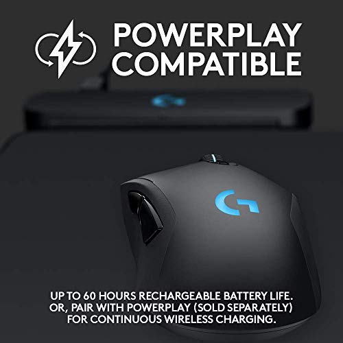 Logitech G703 Lightspeed Wireless Gaming Mouse W/Hero 25K Sensor, PowerPlay Compatible, Lightsync RGB, Lightweight 95G+10G Optional, 100-25, 000 DPI, Rubber Side Grips - Black (Renewed)