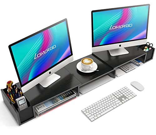 LORYERGO Dual Monitor Stand Riser, Laptop Stand with Storage Accessories Slots, Length and Angle Adjustable Computer Stand, Desktop Stand with Storage Organizer for Computer, Laptop, Printer