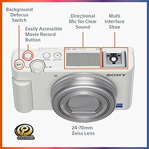 Sony ZV-1 Digital Camera for Content Creators, Vlogging and YouTube with Flip Screen, Built-in Microphone, 4K HDR Video, Touchscreen Display, Live Video Streaming, Webcam, Compact