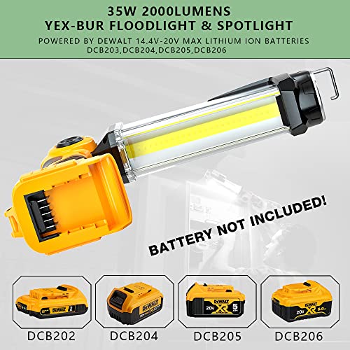 Rechargeable LED Work Light for Dewalt 20V MAX Lithium Battery, YEX-BUR 35W 2000LM Bright Floodlight Spotlight Portable Flashlight with Hook for Camping, Job Site Lighting, Car Repairing, Workshop